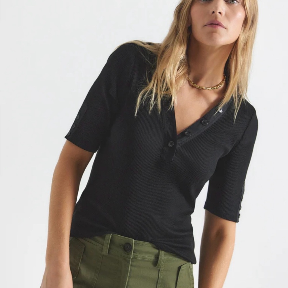 10 Crosby Derek Lam Black Ribbed Short-Sleeve Henley Top